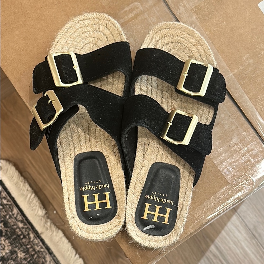 Haute Hippie Black Sandals with Gold Buckles